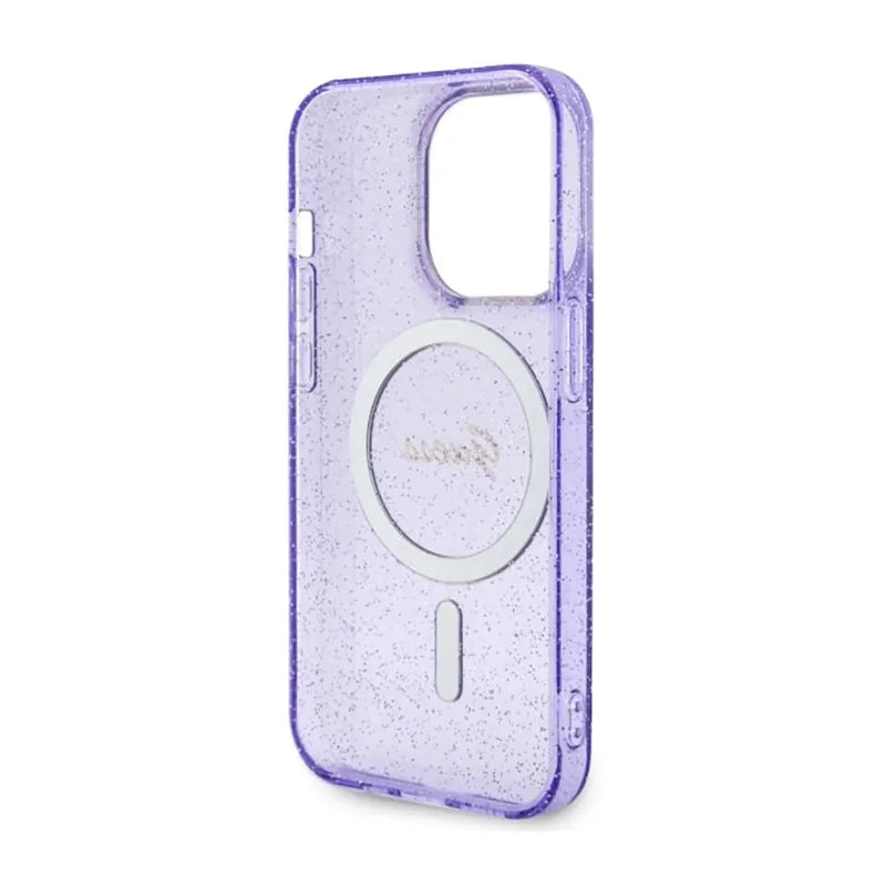 Guess Glitter Gold MagSafe – dėklas, skirtas iPhone 14 Pro Max (Violetinė)