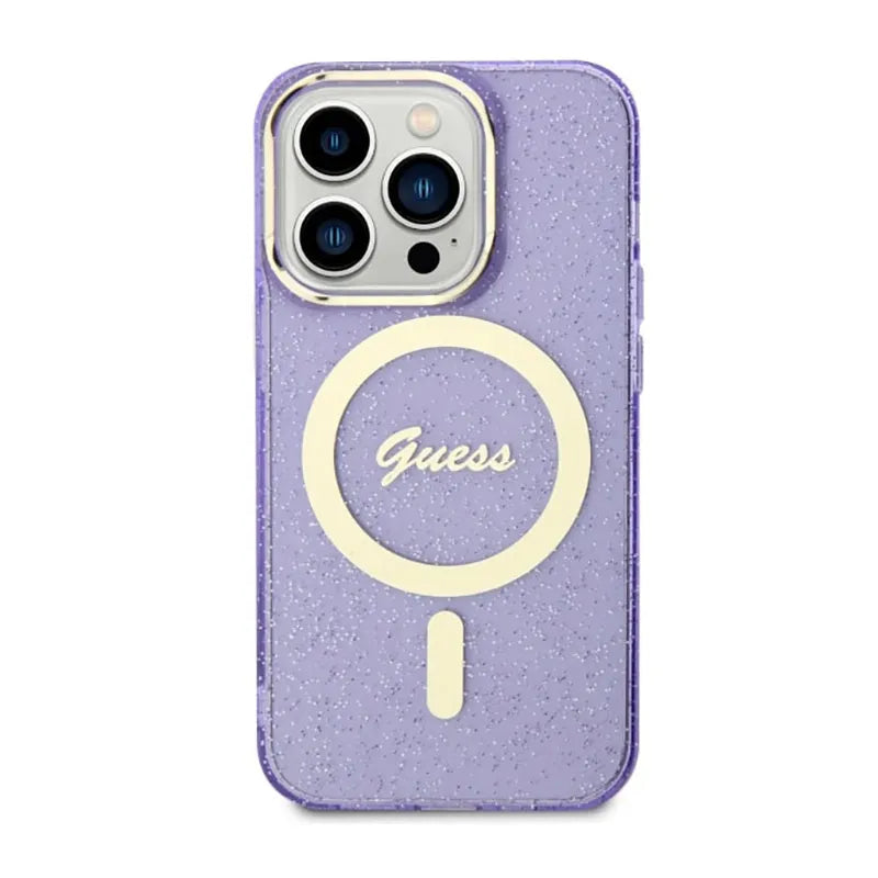 Guess Glitter Gold MagSafe – dėklas, skirtas iPhone 14 Pro Max (Violetinė)