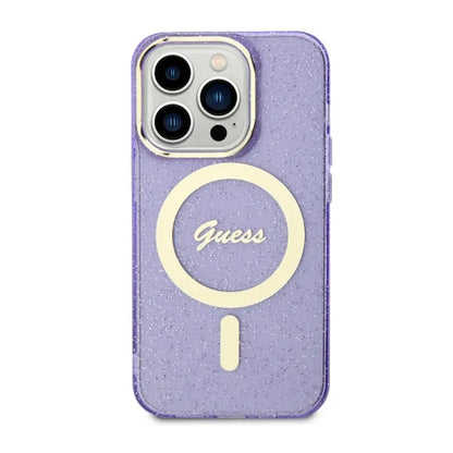 Guess Glitter Gold MagSafe – dėklas, skirtas iPhone 14 Pro Max (Violetinė)
