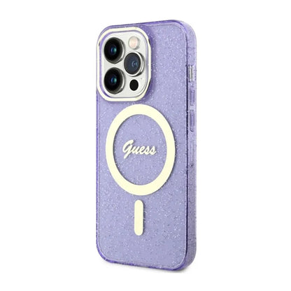 Guess Glitter Gold MagSafe – dėklas, skirtas iPhone 14 Pro Max (Violetinė)
