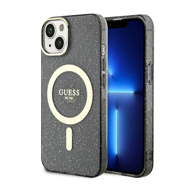 Guess Glitter Gold MagSafe – „iPhone 14 Plus“ dėklas (juodas)
