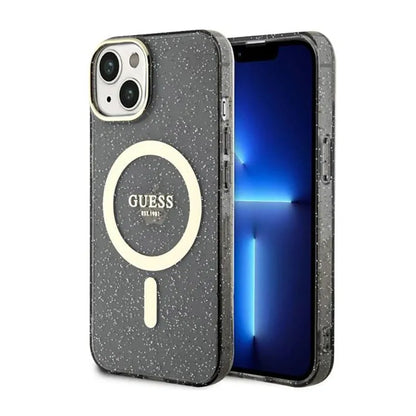 Guess Glitter Gold MagSafe – „iPhone 14 Plus“ dėklas (juodas)