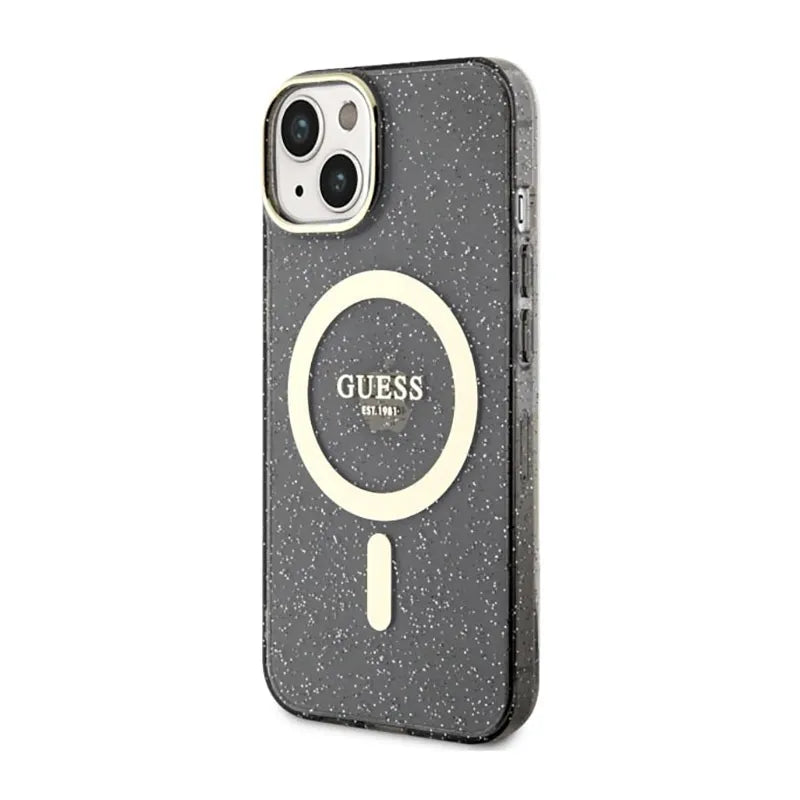 Guess Glitter Gold MagSafe – „iPhone 14 Plus“ dėklas (juodas)