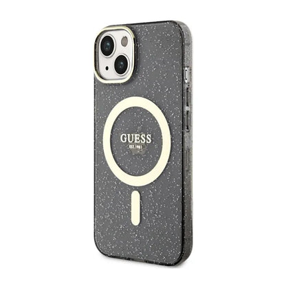 Guess Glitter Gold MagSafe – „iPhone 14 Plus“ dėklas (juodas)