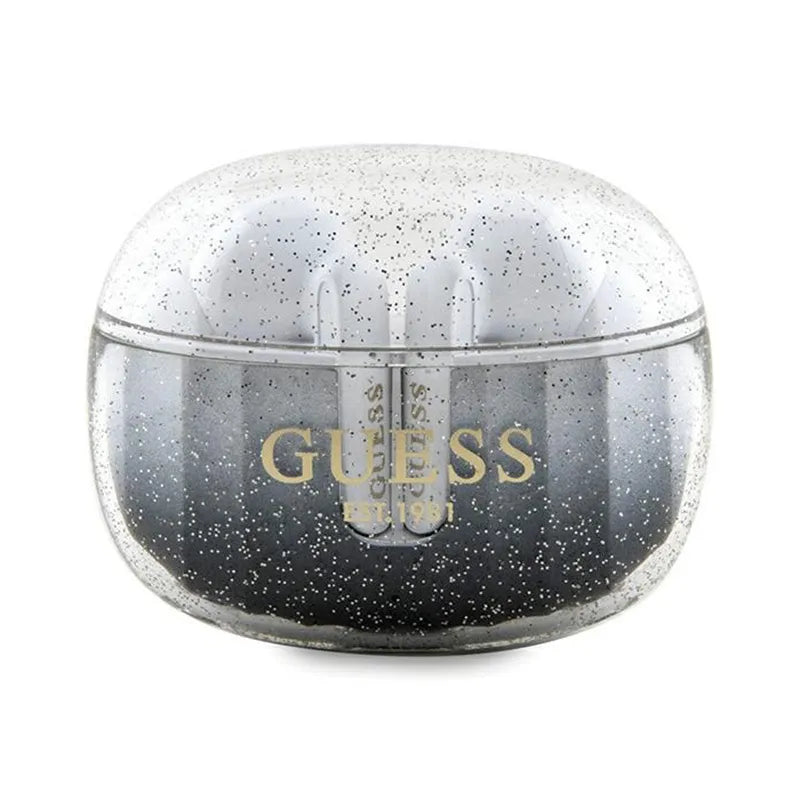 Guess Glitter Gradient – TWS „Bluetooth“ ausinės + įkrovimo dėklas (juoda)