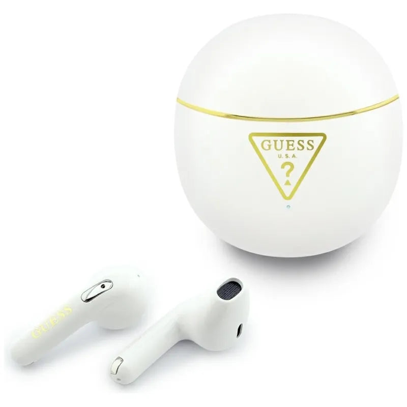 Guess Gold Line Triangle – TWS „Bluetooth“ ausinės + įkrovimo dėklas (baltos spalvos)