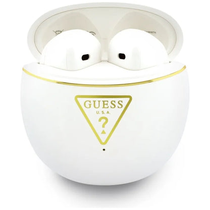 Guess Gold Line Triangle – TWS „Bluetooth“ ausinės + įkrovimo dėklas (baltos spalvos)