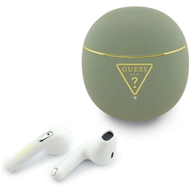 Guess Gold Line Triangle – TWS „Bluetooth“ ausinės + įkrovimo dėklas (chaki spalvos)