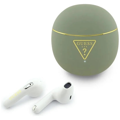 Guess Gold Line Triangle – TWS „Bluetooth“ ausinės + įkrovimo dėklas (chaki spalvos)