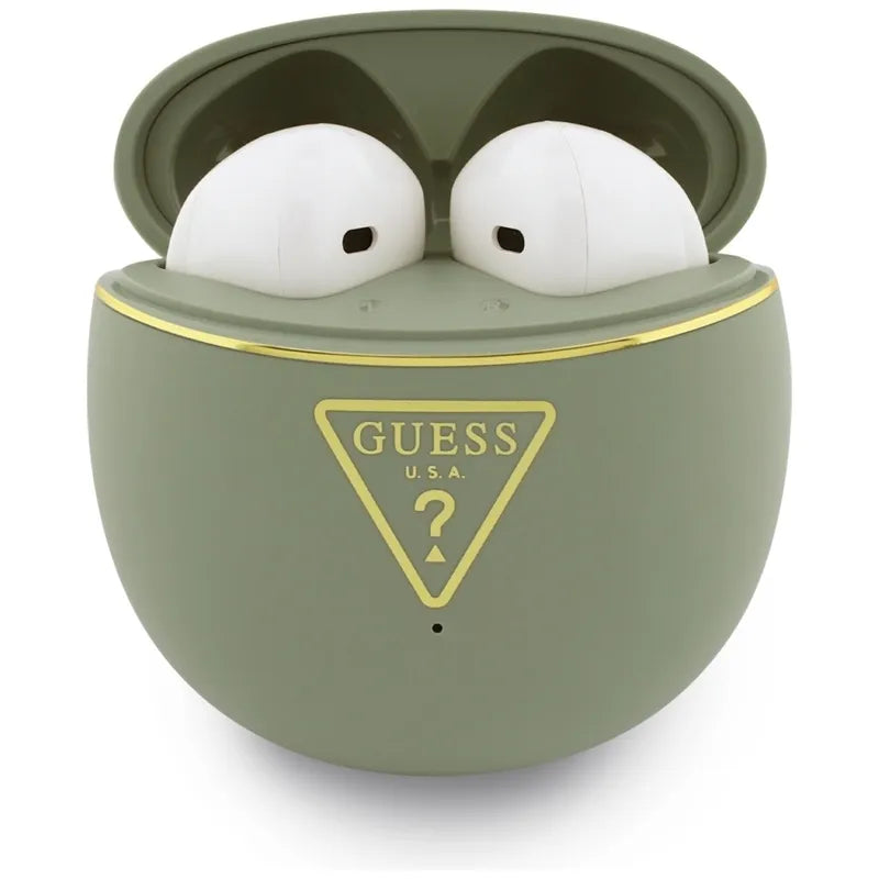 Guess Gold Line Triangle – TWS „Bluetooth“ ausinės + įkrovimo dėklas (chaki spalvos)