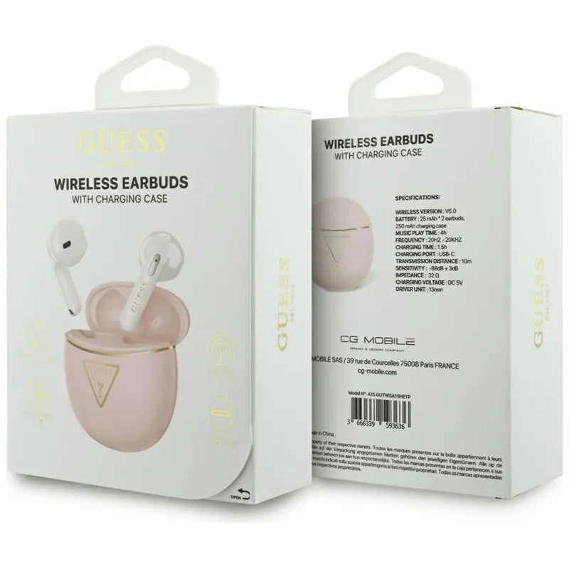 Guess Gold Line Triangle – TWS „Bluetooth“ ausinės + įkrovimo dėklas (rožinės spalvos)