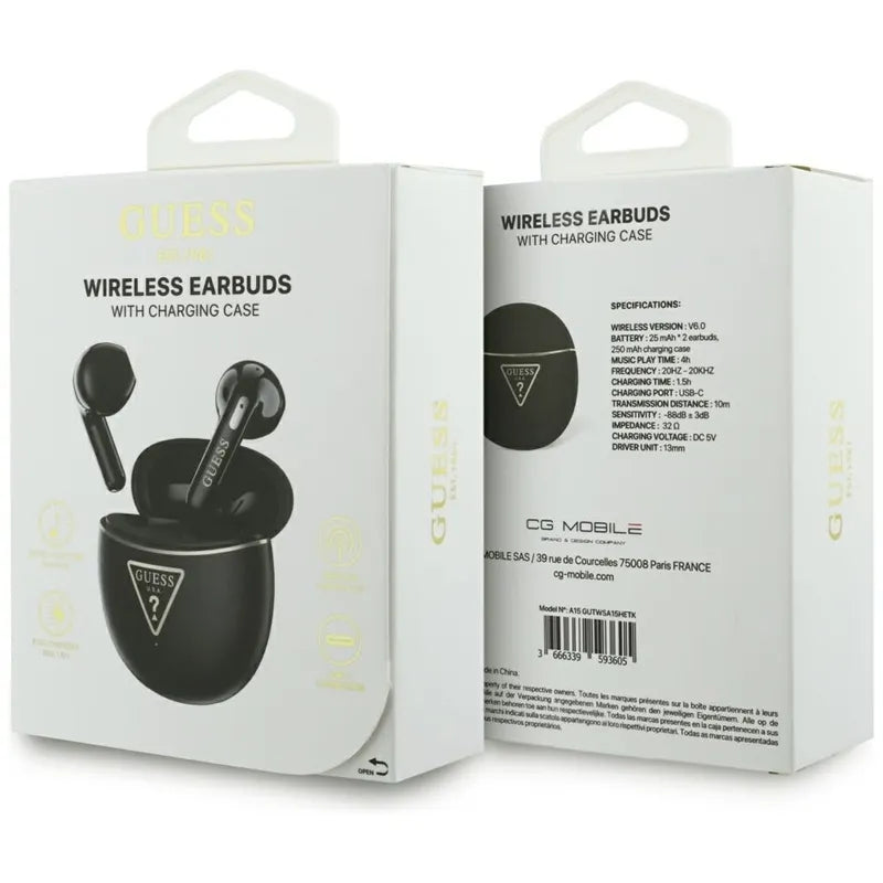 Guess Gold Line Triangle – TWS „Bluetooth“ ausinės su įkrovimo dėklu (juodos spalvos)