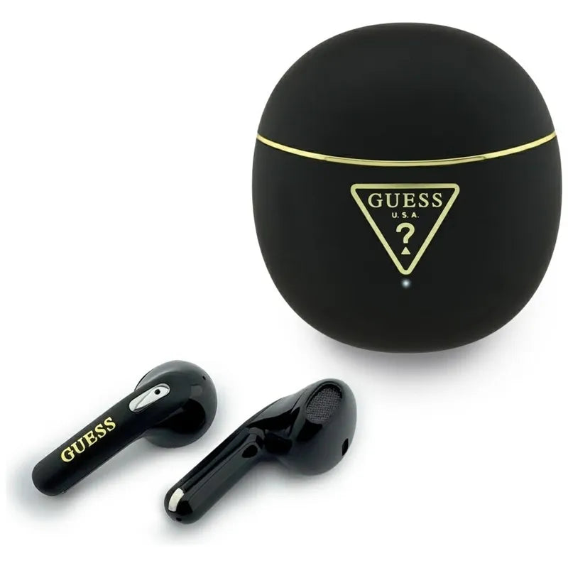 Guess Gold Line Triangle – TWS „Bluetooth“ ausinės su įkrovimo dėklu (juodos spalvos)
