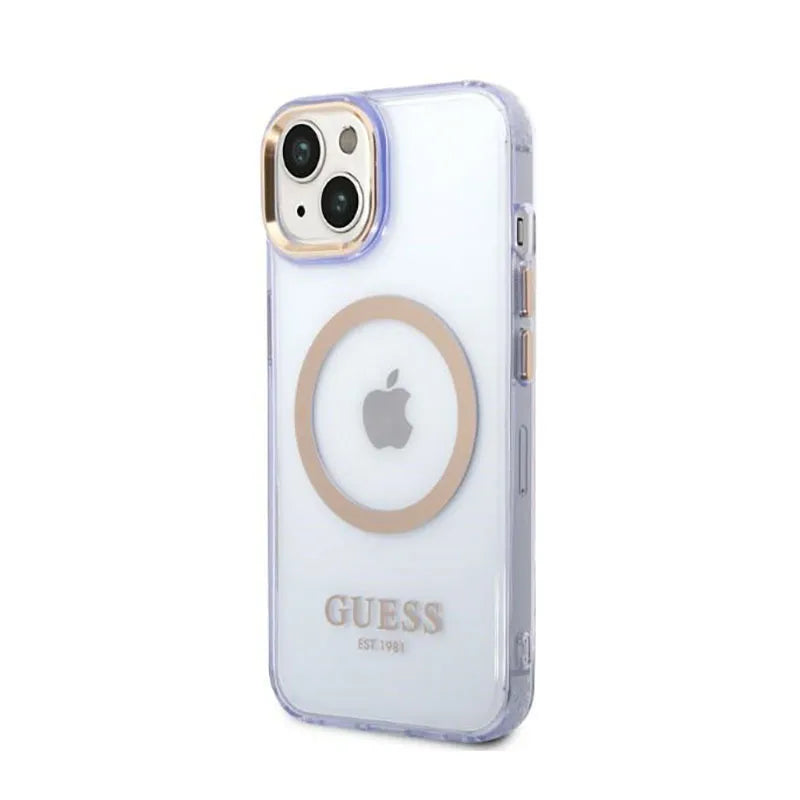Guess Gold Outline permatomas MagSafe - „iPhone 14“ dėklas (violetinė)