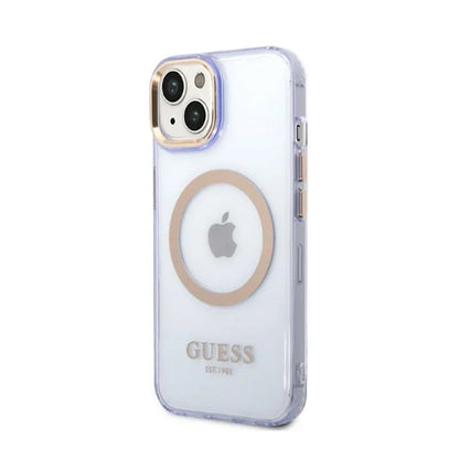 Guess Gold Outline permatomas MagSafe - „iPhone 14“ dėklas (violetinė)