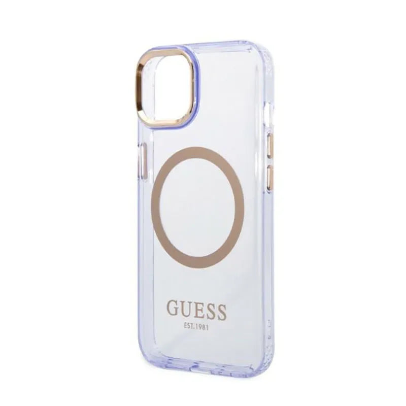 Guess Gold Outline permatomas MagSafe - „iPhone 14“ dėklas (violetinė)