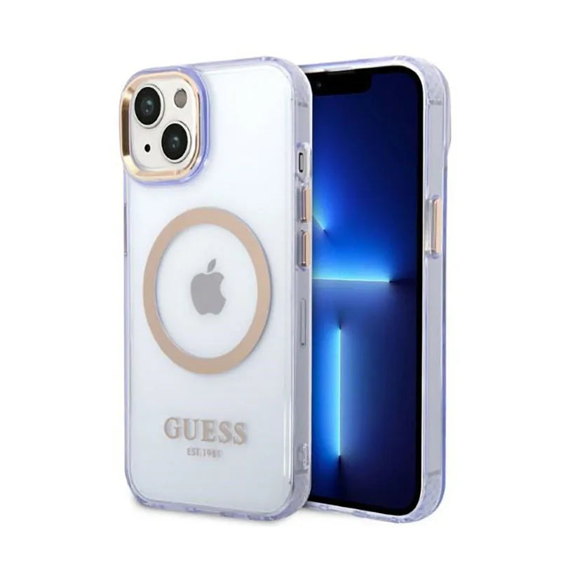 Guess Gold Outline permatomas MagSafe - „iPhone 14“ dėklas (violetinė)