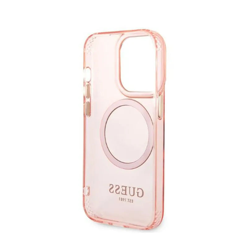 Guess Gold Outline Translucent MagSafe – Dėklas iPhone 14 Pro (rožinis)