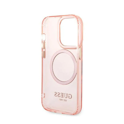 Guess Gold Outline Translucent MagSafe – Dėklas iPhone 14 Pro (rožinis)