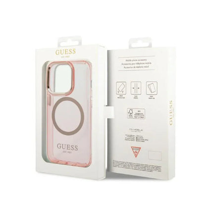 Guess Gold Outline Translucent MagSafe – Dėklas iPhone 14 Pro (rožinis)