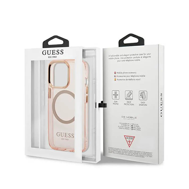 Guess Gold Outline Translucent MagSafe – dėklas, skirtas iPhone 13 Pro (rožinis)