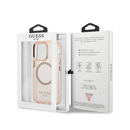Guess Gold Outline Translucent MagSafe – dėklas, skirtas iPhone 13 Pro (rožinis)