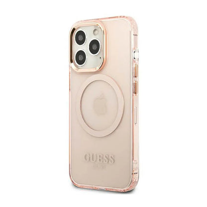 Guess Gold Outline Translucent MagSafe – dėklas, skirtas iPhone 13 Pro (rožinis)