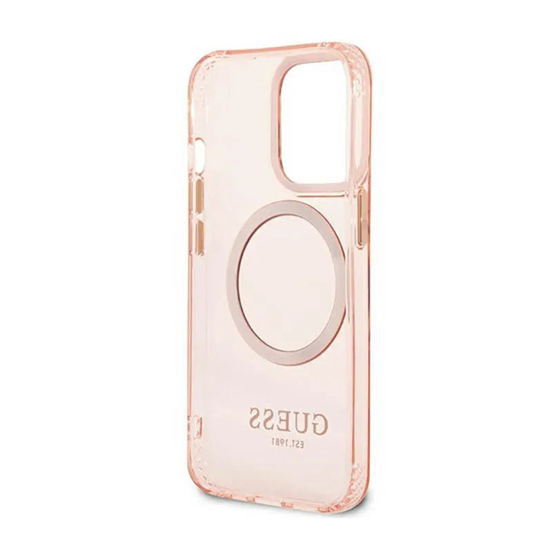 Guess Gold Outline Translucent MagSafe – dėklas, skirtas iPhone 13 Pro (rožinis)