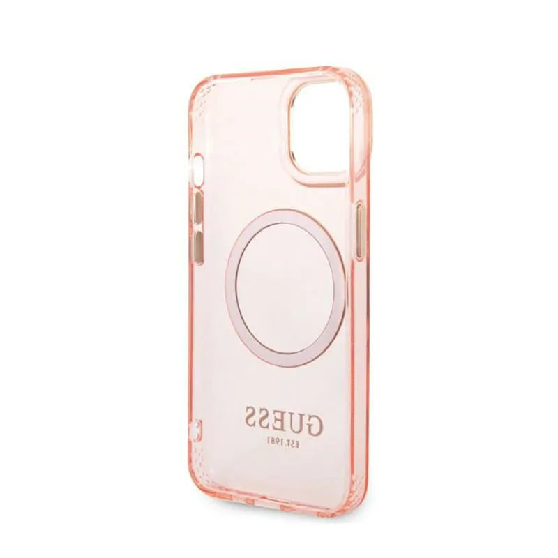 Guess Gold Outline Translucent MagSafe - dėklas, skirtas iPhone 14 Plus (rožinis)