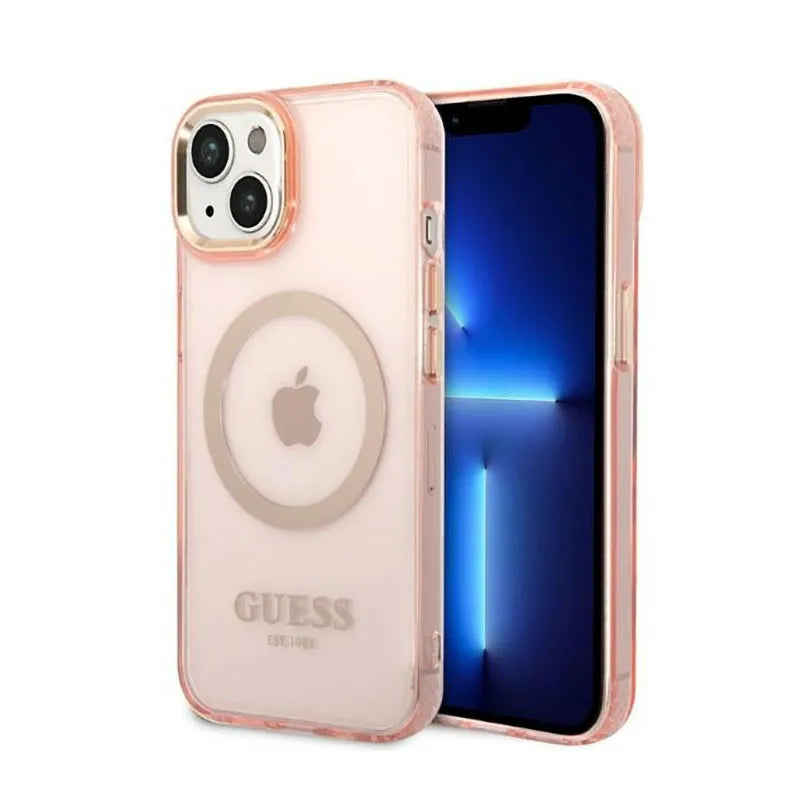 Guess Gold Outline Translucent MagSafe - dėklas, skirtas iPhone 14 Plus (rožinis)