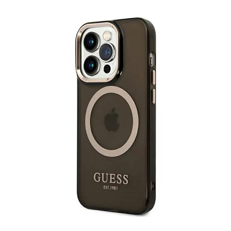 Guess Gold Outline Translucent MagSafe – dėklas skirtas iPhone 14 Pro (juodas)