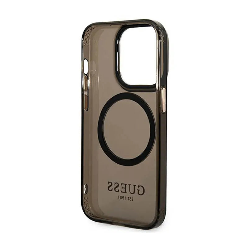 Guess Gold Outline Translucent MagSafe – dėklas skirtas iPhone 14 Pro (juodas)