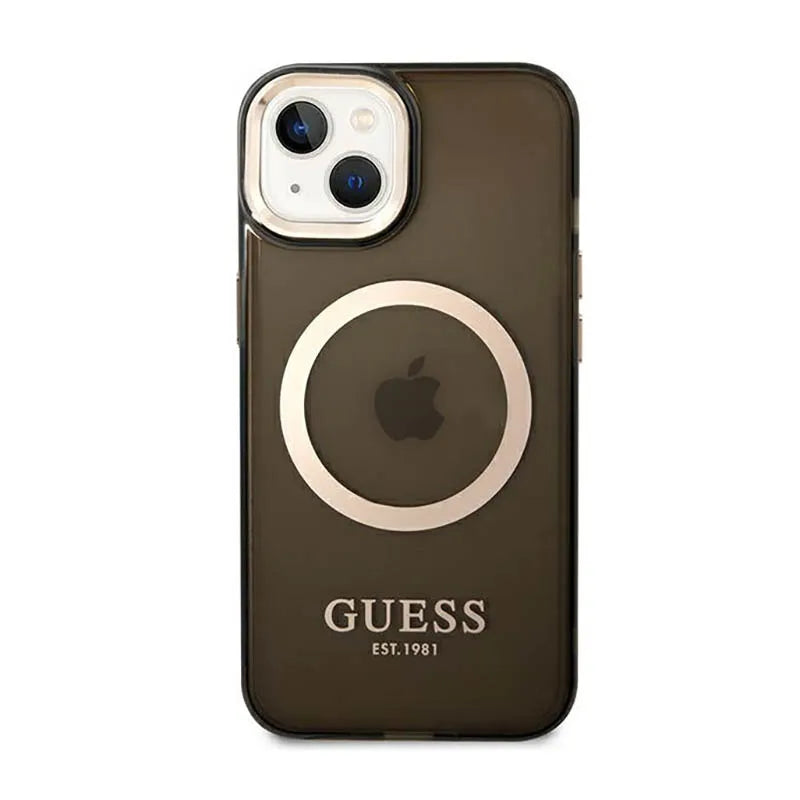 Guess Gold Outline Translucent MagSafe – iPhone 14 dėklas (juodas)