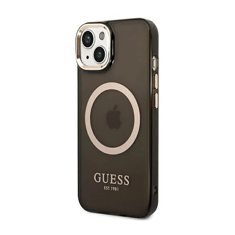 Guess Gold Outline Translucent MagSafe – iPhone 14 dėklas (juodas)