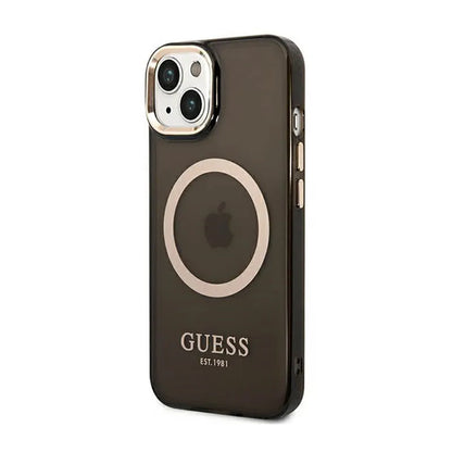 Guess Gold Outline Translucent MagSafe – iPhone 14 dėklas (juodas)