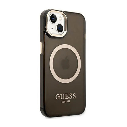 Guess Gold Outline Translucent MagSafe – „iPhone 14 Plus“ dėklas (juodas)