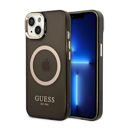 Guess Gold Outline Translucent MagSafe – „iPhone 14 Plus“ dėklas (juodas)
