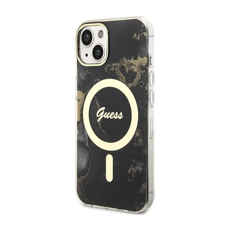 Guess Golden Marble MagSafe – dėklas, skirtas iPhone 14 (juodas)