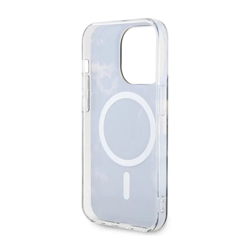Guess Golden Marble MagSafe – dėklas, skirtas iPhone 14 Pro (juodas)