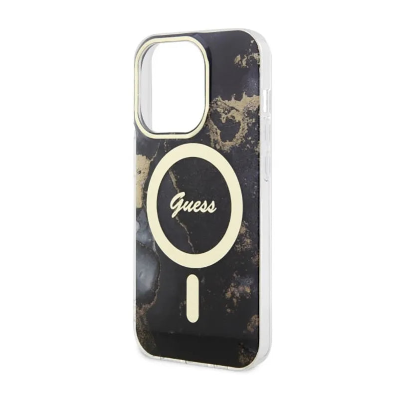 Guess Golden Marble MagSafe – dėklas, skirtas iPhone 14 Pro (juodas)