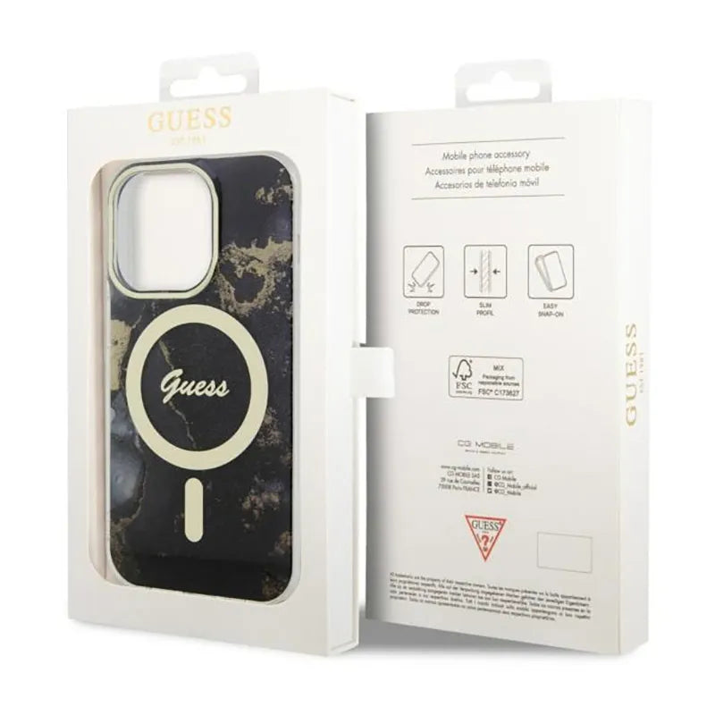 Guess Golden Marble MagSafe – dėklas, skirtas iPhone 14 Pro (juodas)