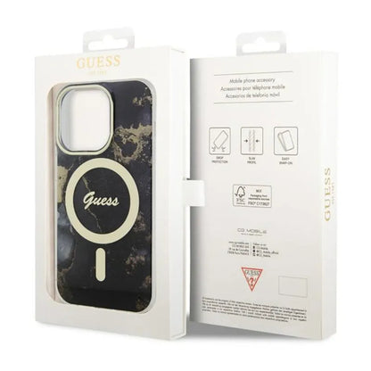 Guess Golden Marble MagSafe – dėklas, skirtas iPhone 14 Pro (juodas)