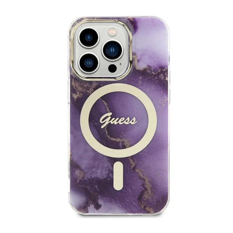 Guess Golden Marble MagSafe – dėklas, skirtas iPhone 14 Pro (Violetinė)