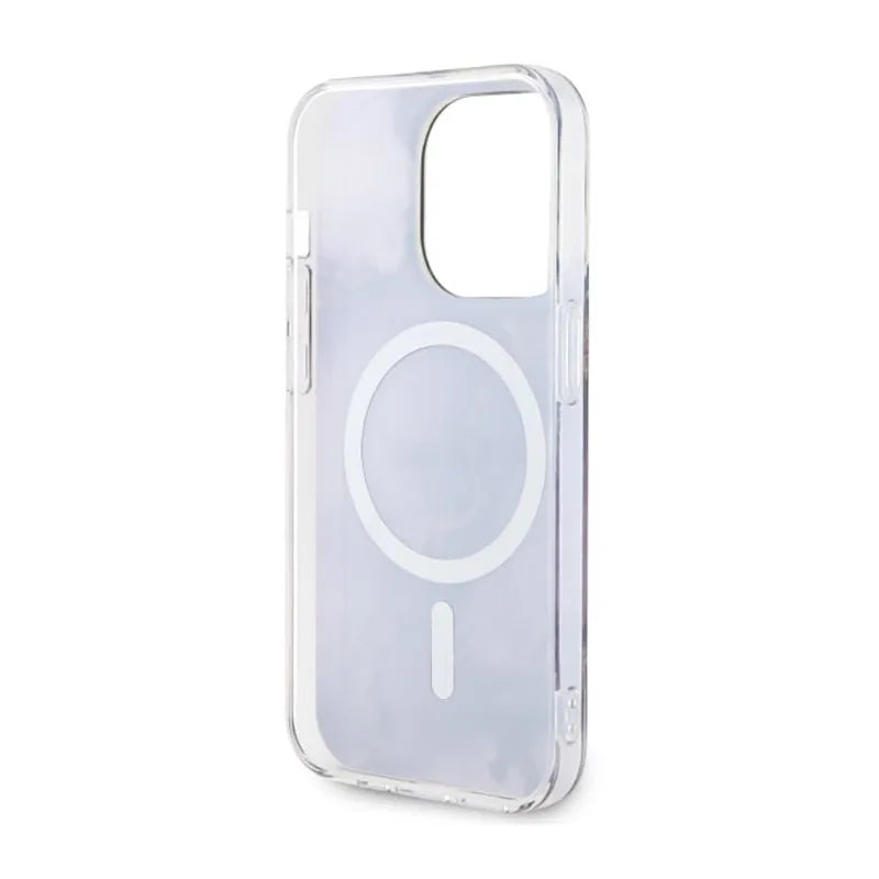 Guess Golden Marble MagSafe – dėklas, skirtas iPhone 14 Pro (Violetinė)