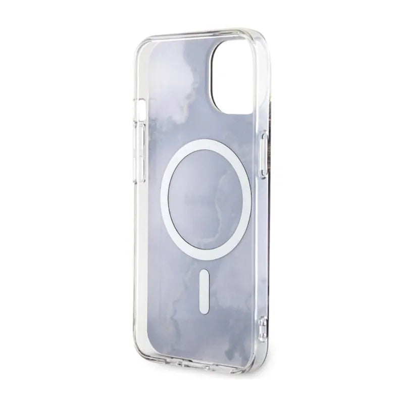 Guess Golden Marble MagSafe – Dėklas, skirtas „iPhone 14“ (Violetinis)