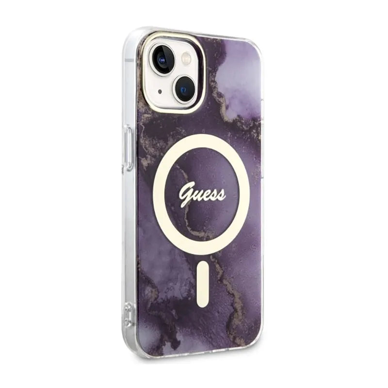 Guess Golden Marble MagSafe – Dėklas, skirtas „iPhone 14“ (Violetinis)