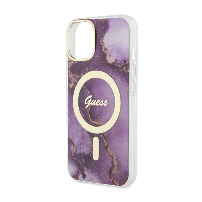 Guess Golden Marble MagSafe – Dėklas, skirtas „iPhone 14“ (Violetinis)