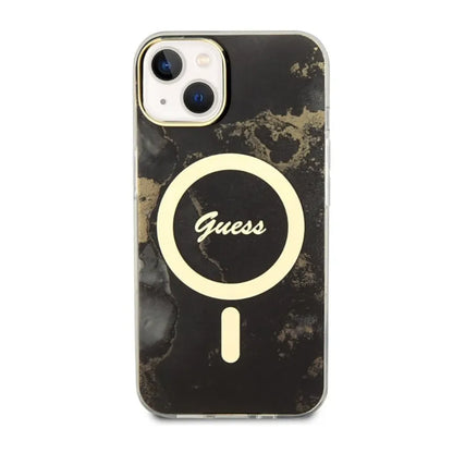 Guess Golden Marble MagSafe – „iPhone 14 Plus“ dėklas (juodas)