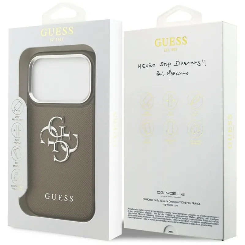 Guess Grained Big 4G Classic Logo dėklas iPhone 17 Pro (rudos spalvos)