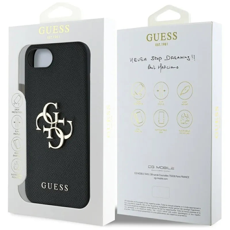 Guess Grained Big 4G Logo Small Classic Logo - dėklas iPhone 16e (juodas)